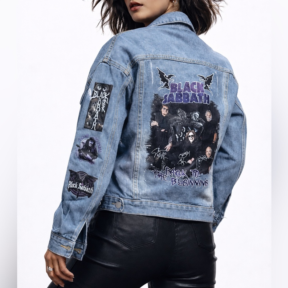 Black Sabbath Patchwork Sticker Cropped Denim Jea… - image 1
